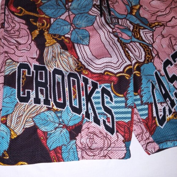 NWT Mens CROOKS & CASTLES Gym Shorts 3XL Pink Roses Turquoise Elastic Waist - Picture 3 of 14